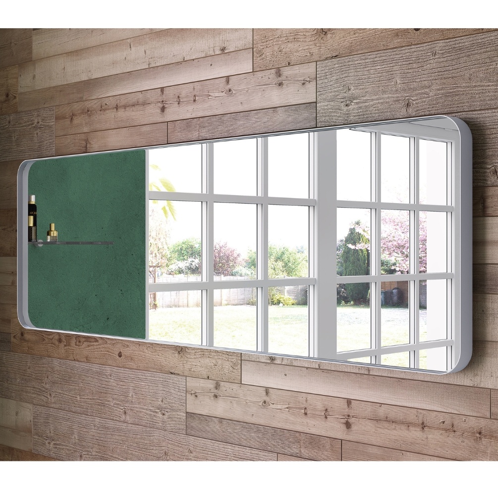 Product lifestyle image of the Origins Living City Rectangular 500mm x 1500mm White Mirror mounted in landscape, on a wooden wall, reflecting an outside view. B375646